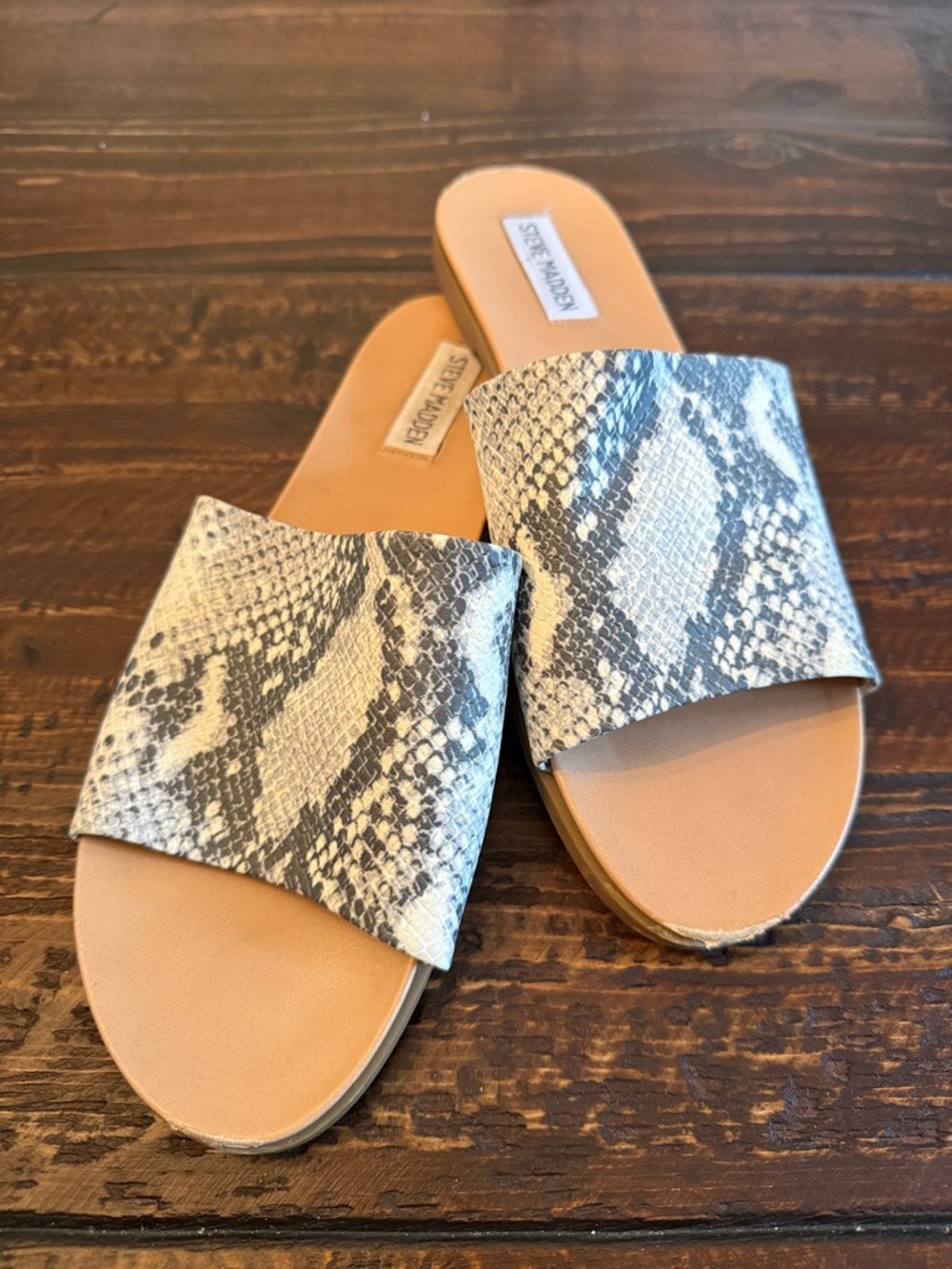Steve Madden Snake-Print Slide Sandals in Taupe and Gray, size 8